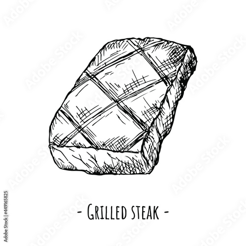 Grilled steak. Vector illustration. Isolated object on white. Hand-drawn style.