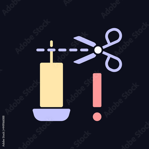 Trimming candle wick RGB color manual label icon for dark theme. Isolated vector illustration on night mode background. Simple filled line drawing on black for product use instructions