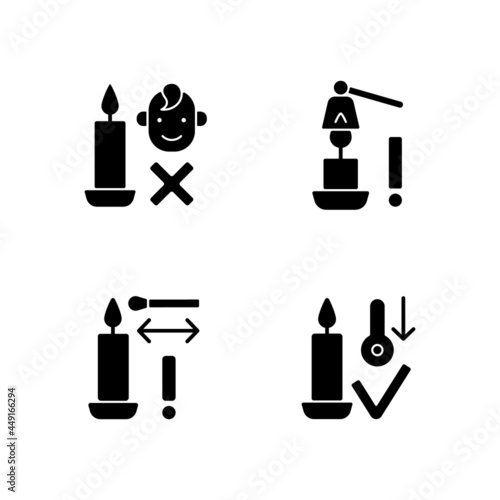Burning candles safely black glyph manual label icons set on white space. Use candle snuffer. Keep kids away. Silhouette symbols. Vector isolated illustration for product use instructions