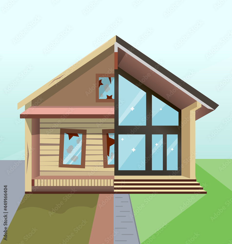 Renovation of an old house. half-timbered. double illustration. vector.