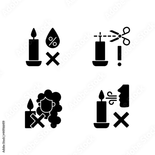 Candle safety warning black glyph manual label icons set on white space. Avoid exposure to moisture. Trim candle wick. Silhouette symbols. Vector isolated illustration for product use instructions