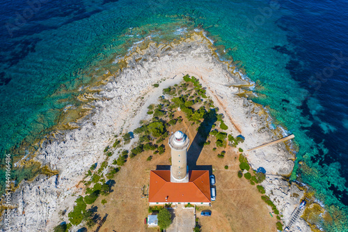 Aerial view of the old lighthouse of Veli Rat on the island of Dugi Otok, Croatia, beautiful seascape