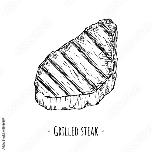 Grilled steak. Vector illustration. Isolated object on white. Hand-drawn style.