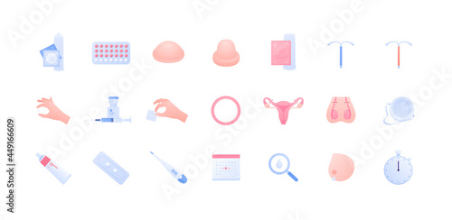 Contraception method concept. Vector flat color icon illustration set. Collection of icons of different contraceptive methods. Birth control and pregnancy prevention. Design for health care. photo
