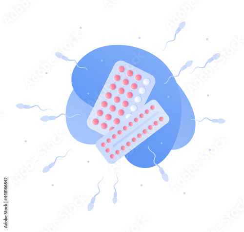 Contraception method concept. Vector flat color illustration. Square composition. Hormonal oral contraceptive pills in blister. Sperm symbol. Birth control and pregnancy prevention.