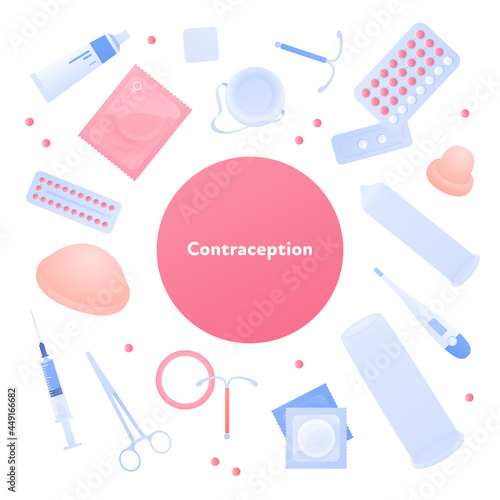 Contraception method concept. Vector flat color illustration. Square banner template. Collection of icons of different contraceptive methods. Birth control and pregnancy prevention.