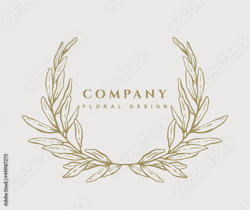 Hand drawn floral logo template. Elegant plant wreath frame with branch of olive in gold color.  Botanical trendy vector illustration for labels, 
branding business identity, wedding invitation