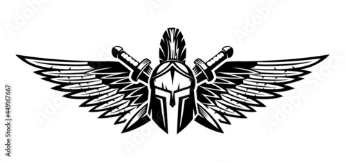 Spartan helmet with swords and wings on a white background.