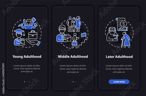 Stages of adulthood onboarding mobile app page screen. Social realisation walkthrough 3 steps graphic instructions with concepts. UI, UX, GUI vector template with linear night mode illustrations