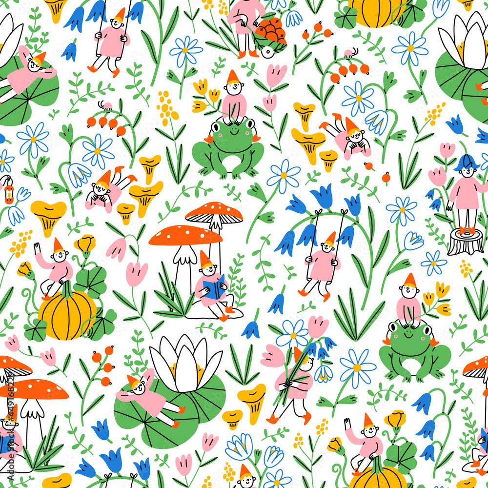 Fototapeta premium Garden gnomes secret life, vector pattern