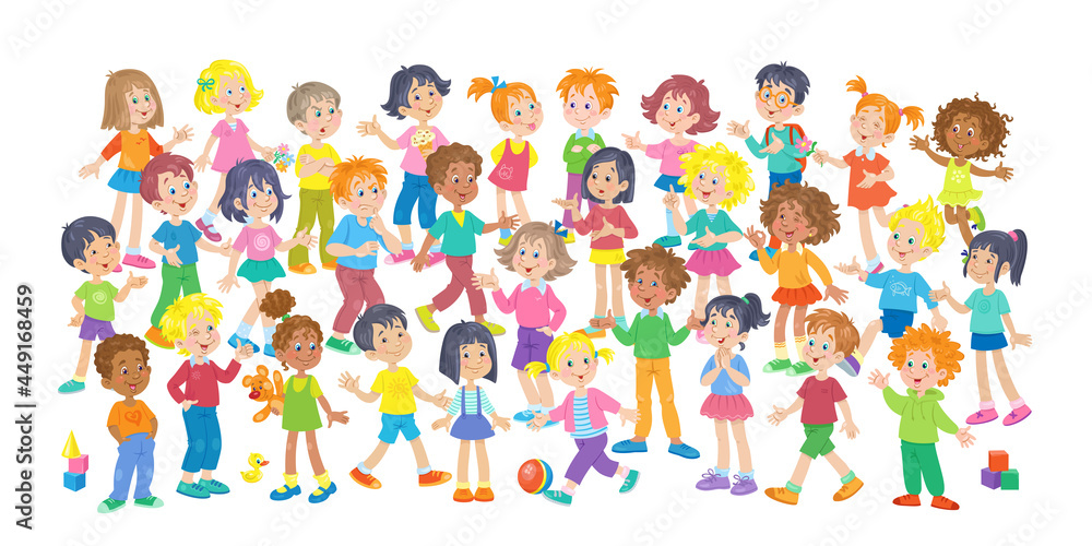 Fototapeta premium A large group of funny kids. Multicultural children with different colors of skin and hair in different poses and relationships. In cartoon style. Isolated on white background. Vector illustration.