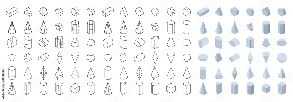 Set of 3d basic geometric shapes. Isometric view. Objects for school, geometry and mathematics. Isolated vector illustration on white background.