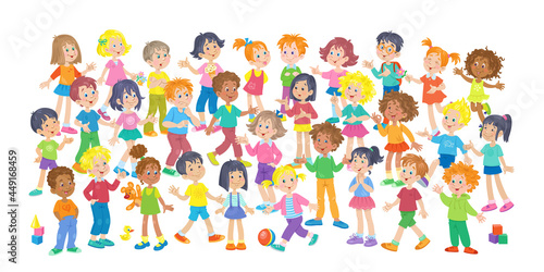 A large group of funny kids. Multicultural children with different colors of skin and hair in different poses and relationships. In cartoon style. Isolated on white background. Vector illustration.