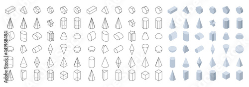 Set of 3d basic geometric shapes. Isometric view. Objects for school, geometry and mathematics. Isolated vector illustration on white background. photo