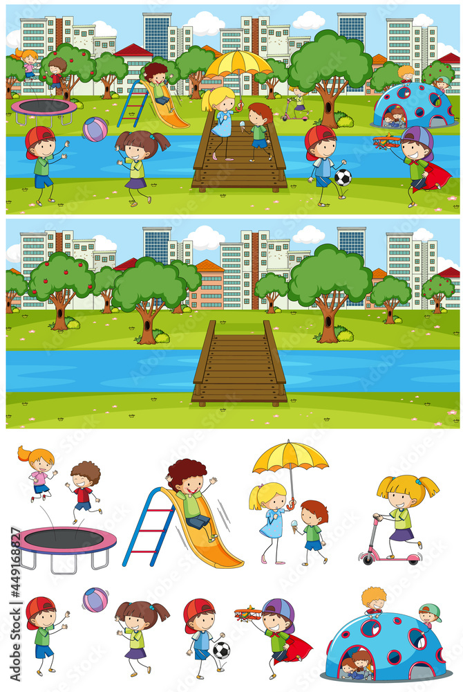 Fototapeta premium Set of different horizontal scenes background with doodle kids cartoon character