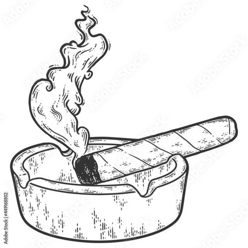 Ashtray and cigar smoke. Sketch scratch board imitation coloring.