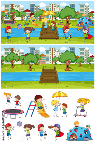 Set of different horizontal scenes background with doodle kids cartoon character