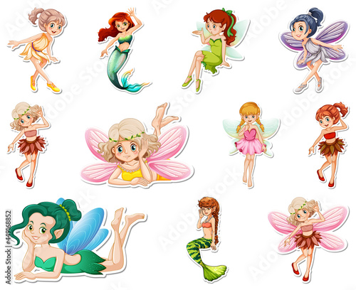 Set of stickers with beautiful fairies and mermaid cartoon character