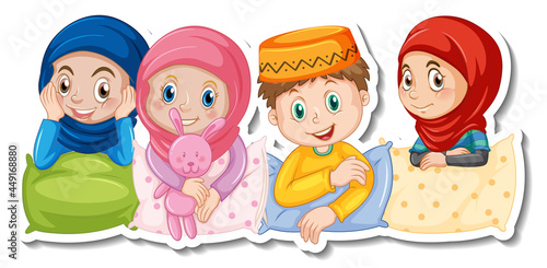 A sticker template with muslim kids in pajamas costume