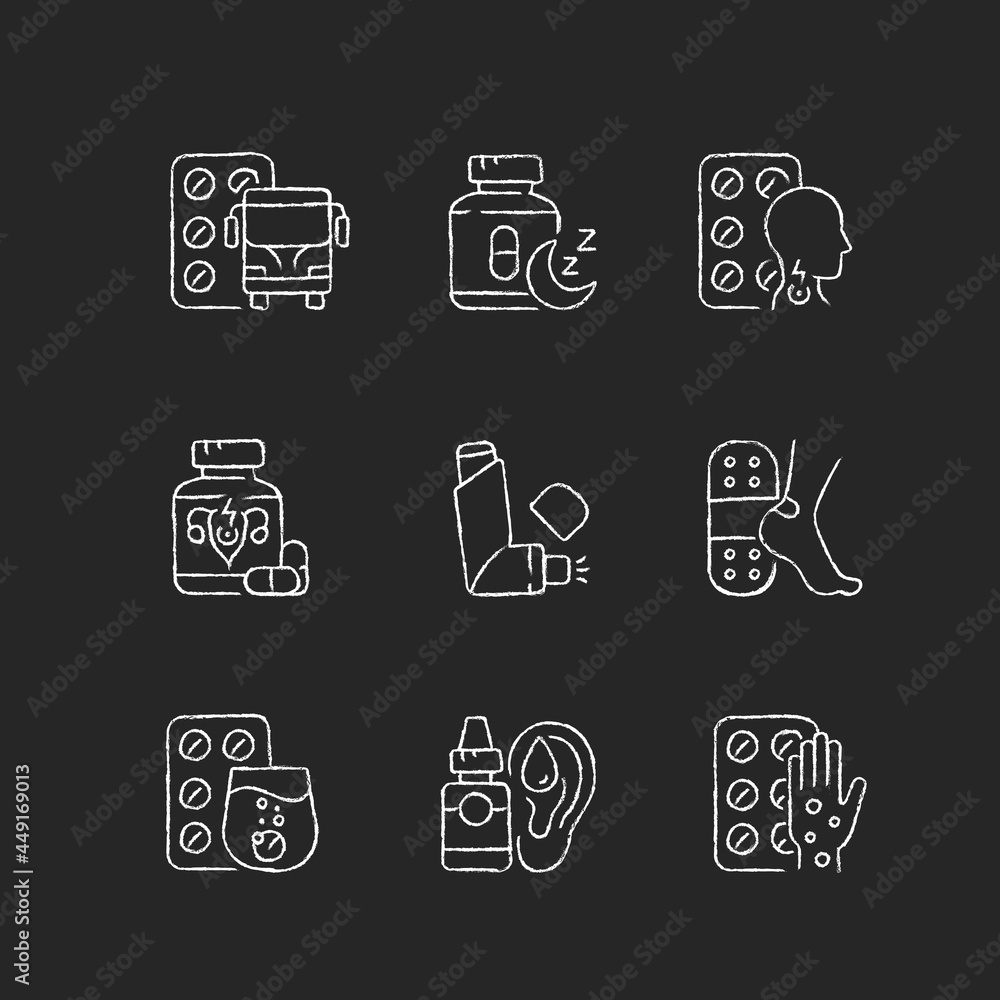 Pharmaceutical drugs chalk white icons set on dark background. Treat motion sickness. Sleep aid. Lozenges for sore throat. Patch for blisters. Isolated vector chalkboard illustrations on black Pharmaceutical drugs chalk white icons set on dark background. Treat motion sickness. Sleep aid. Lozenges for sore throat. Patch for blisters. Isolated vector chalkboard illustrations on black
