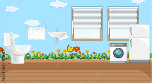 Scene with washing machine and refrigerator in the toilet