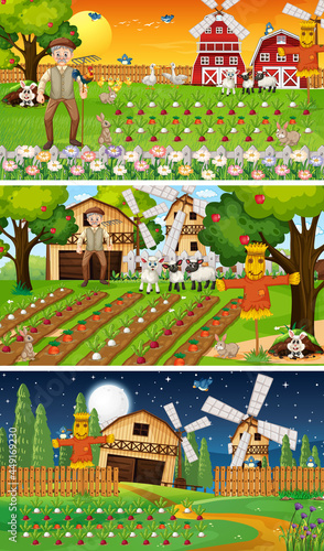 Different farm scenes with old farmer and animal cartoon character