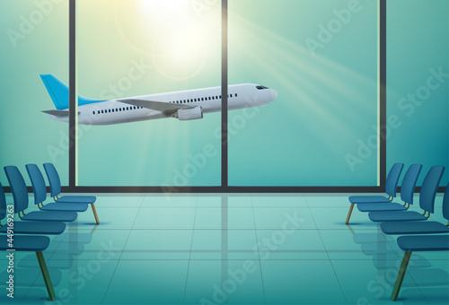 Airplane in windows of airport waiting hall