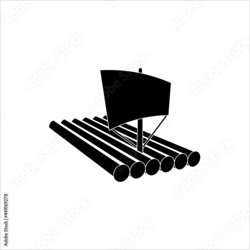 Wooden Raft Icon, Basic Water Transportation Flat Structure Made With Wood Log