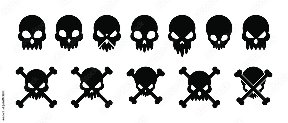 Skull logo set, Skull icons, Skull with crossbones Halloween symbol vector illustration isolated on white background. EPS 10