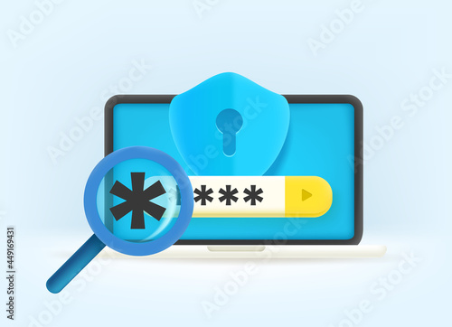 Password guessing on laptop. 3d style vector illustration