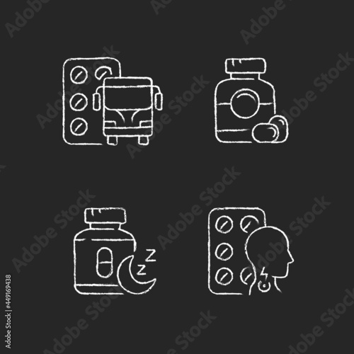 Maintaining life quality chalk white icons set on dark background. Motion sickness treatment. Soft gelatin capsules. Sleep aid. Cold medication. Isolated vector chalkboard illustrations on black