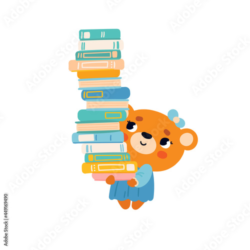 Cute teddy bear girl with textbooks. Vector clipart