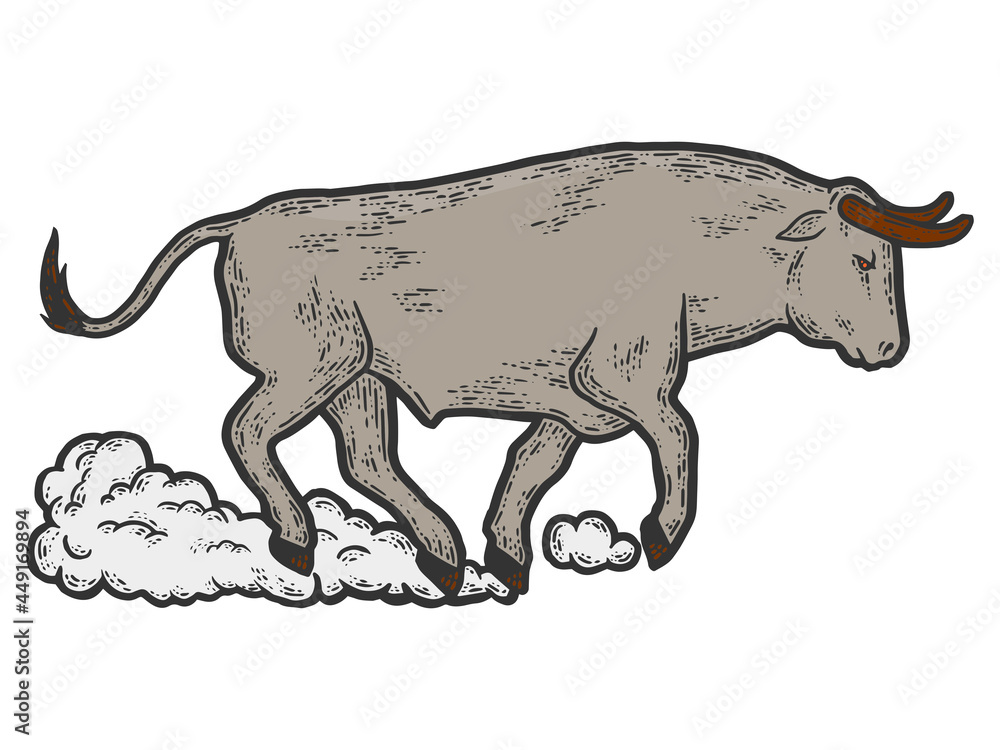 An angry bull runs with road dust. Sketch scratch board An angry bull runs with road dust. Sketch scratch board