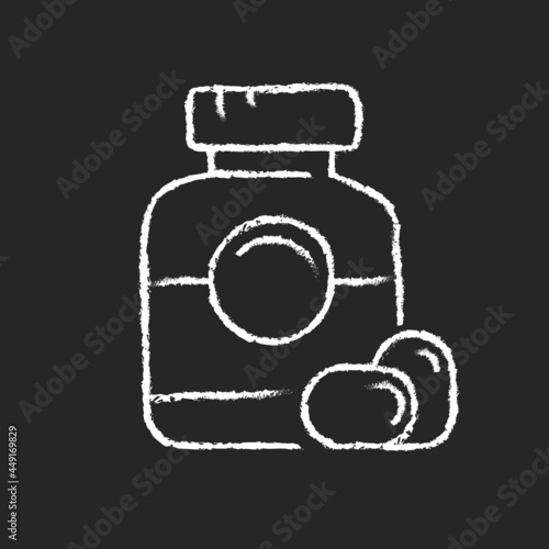 Softgel chalk white icon on dark background. Oral dosage medicine. Gelatin capsules. Fish oil. Multivitamin product. Improve health quality. Isolated vector chalkboard illustration on black