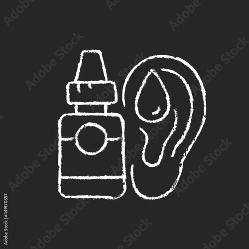 Ear drops chalk white icon on dark background. Earwax removing. Ear infections, inflammations prevention. Acute otitis media treatment. Reducing pain. Isolated vector chalkboard illustration on black
