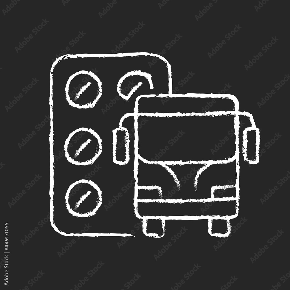 Pills for motion sickness chalk white icon on dark background. Nausea and vomiting reducing. Preventing travel sickness. Cure dizziness, vomiting. Isolated vector chalkboard illustration on black Pills for motion sickness chalk white icon on dark background. Nausea and vomiting reducing. Preventing travel sickness. Cure dizziness, vomiting. Isolated vector chalkboard illustration on black