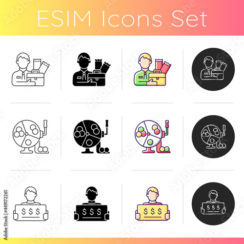 Lottery games types icons set. Ball draw machine. Lottery agent. Claim lotto prize. Drawing winning numbers. Prize ticket-holder. Linear, black and RGB color styles. Isolated vector illustrations