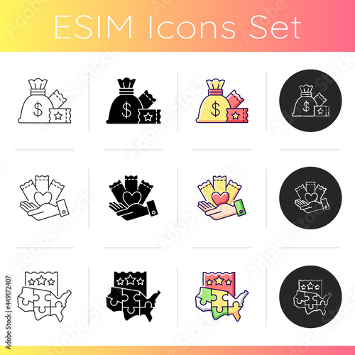 Lottery formats icons set. Lump-sum payment. Fundraising opportunities. Multi-state games. One-time cash payout. Charity gambling. Linear, black and RGB color styles. Isolated vector illustrations