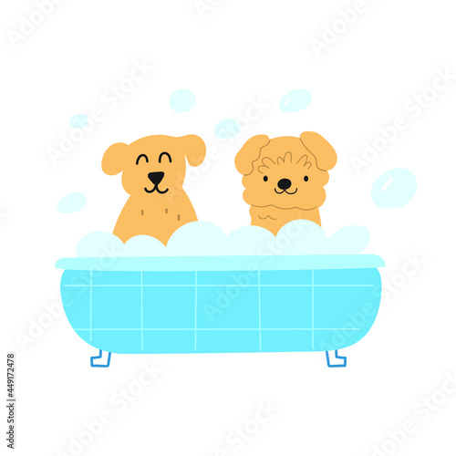 Two dogs taking a bath. Hand drawn vector illustration on white background.