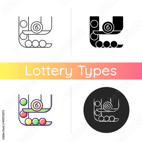 Powerball icon. Two-drum lottery game. Randomly picking winning numbers. Game with million-dollar jackpot chance. Red and white balls. Linear black and RGB color styles. Isolated vector illustrations