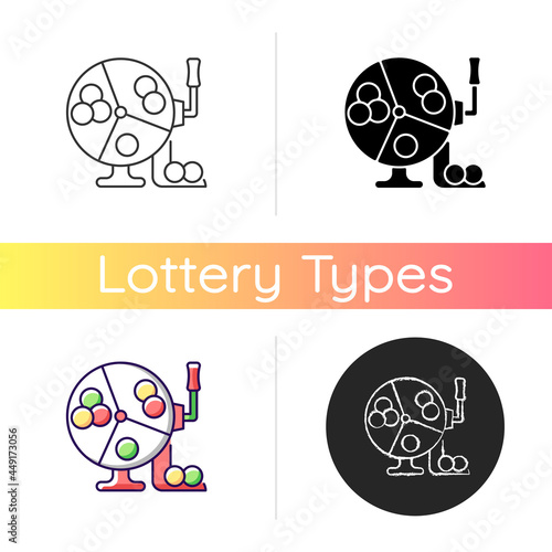 Ball draw machine icon. Drawing winning numbers for lottery game. Bingo blowers. Raffle drum. Random number generation. Rotating arms. Linear black and RGB color styles. Isolated vector illustrations