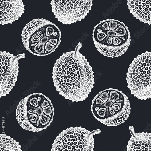 Seamless pattern with hand drawn chalk jackfruit