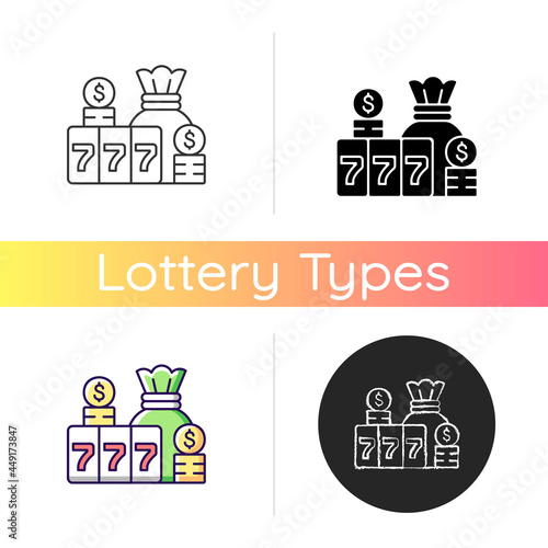 Jackpot icon. Top prize in gambling game. Winning large cash reward in lottery. Cumulative stakes in poker game. Money prize pool. Linear black and RGB color styles. Isolated vector illustrations