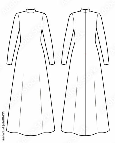 Maxi dress with long sleeves and stand-up collar fashion sketch.