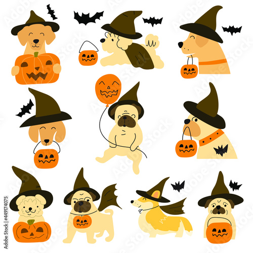 Set of dogs wearing Halloween costumes. Vector illustration on white background.
