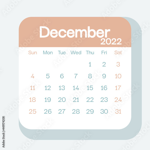 December 2022 calendar planner in pastel color, week starts on Sunday, template, mock up calendar leaf - Illustration. Vector graphic page
