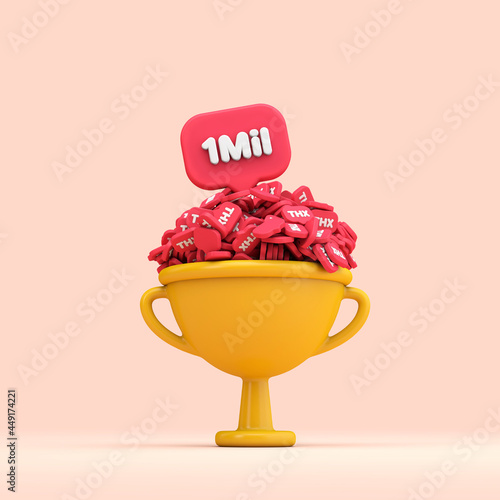 Thank you 1 million social media followers celebration trophy. 3D render