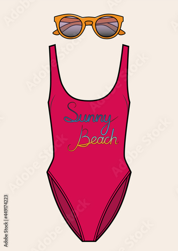 Set with sunglasses, high-cut swimsuit. Accessories for the summer holidays.