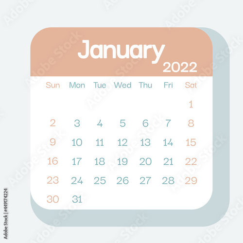 January 2022 calendar planner, week starts on Sunday, template, mock up calendar leaf - Illustration. Vector graphic page