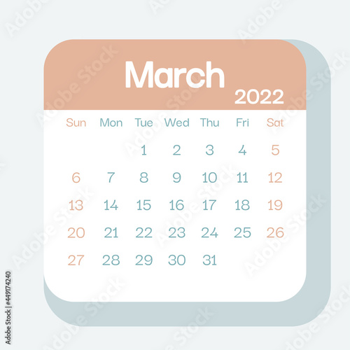 March 2022 calendar planner in pastel color, week starts on Sunday, template, mock up calendar leaf - Illustration. Vector graphic page
